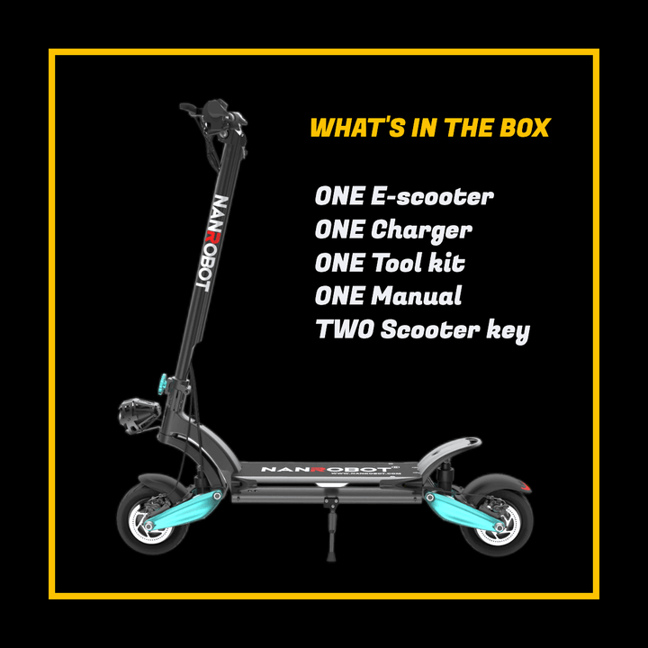 Nanrobot Lightning electric scooter with accessories included in the box.