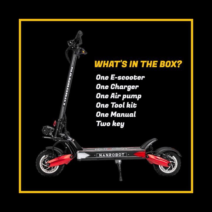 Nanrobot LS7+ electric scooter with accessories included in the box: charger, air pump, tool kit, manual, and keys.