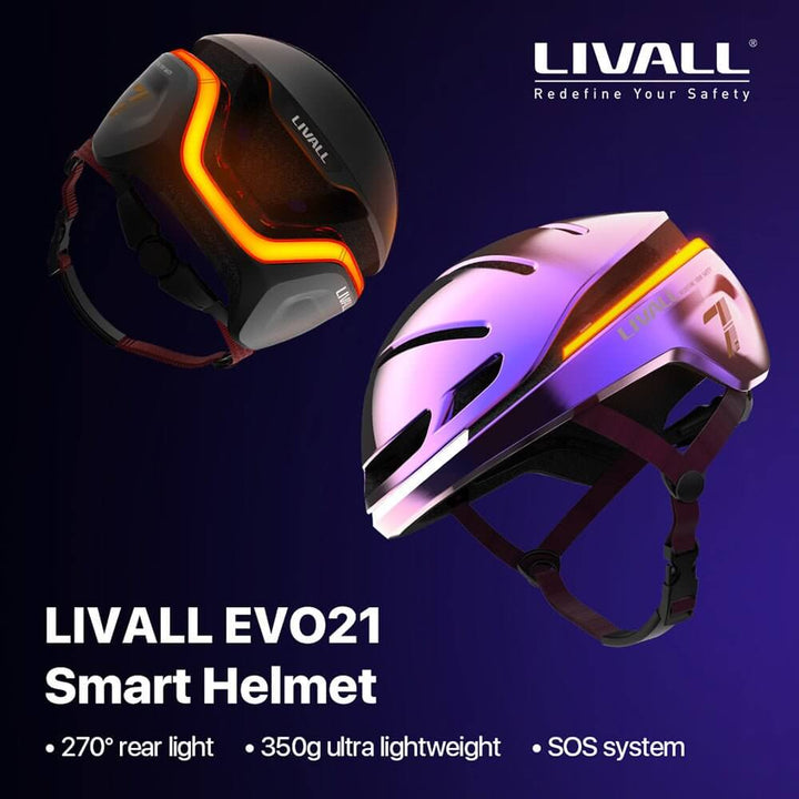 Smart bike helmet EVO21 featuring a 270° rear light and ultra-lightweight design for enhanced safety.