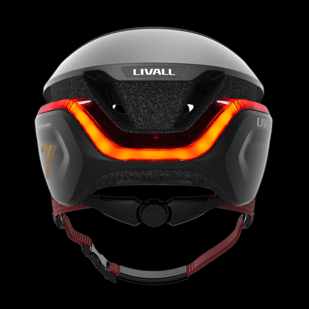 Smart bike helmet EVO21 back view with LED lights for enhanced safety and visibility.