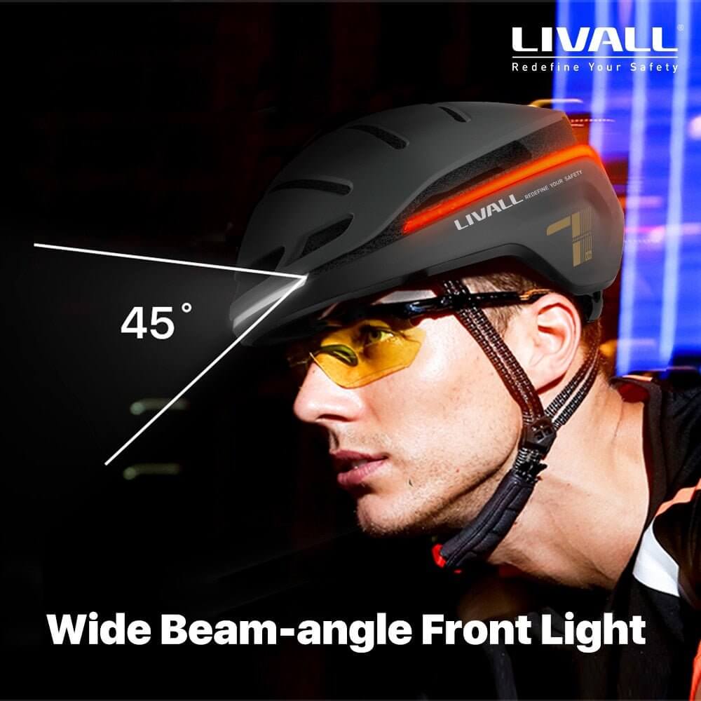 smart bike helmet EVO21 with a wide beam-angle front light for enhanced visibility while riding.