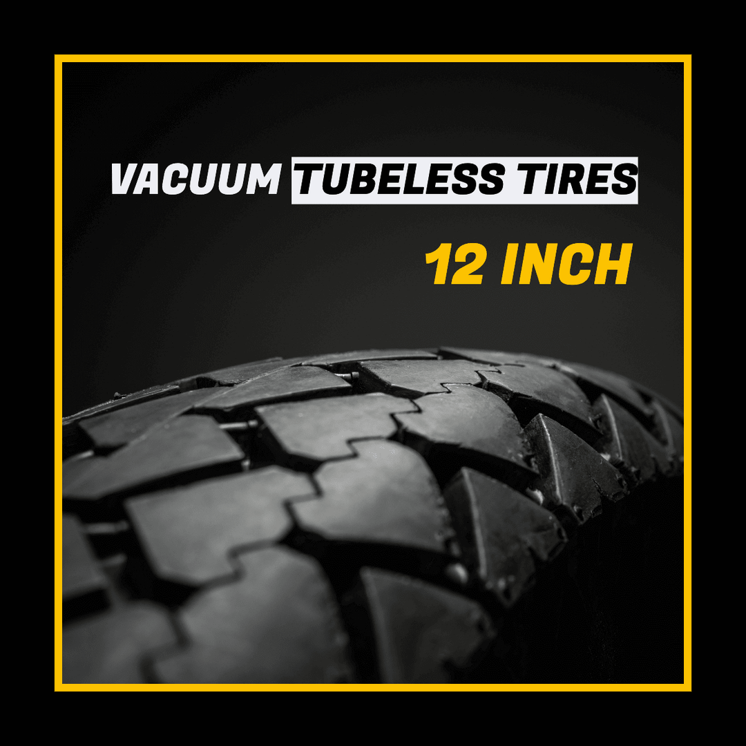 Close-up of a 12 inch vacuum tubeless tire showcasing its tread design.